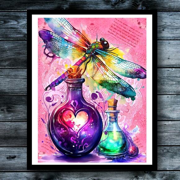 Dragonfly and Magic Potion Love Spell Bright Whimsical Art Print - Picture 1 of 5